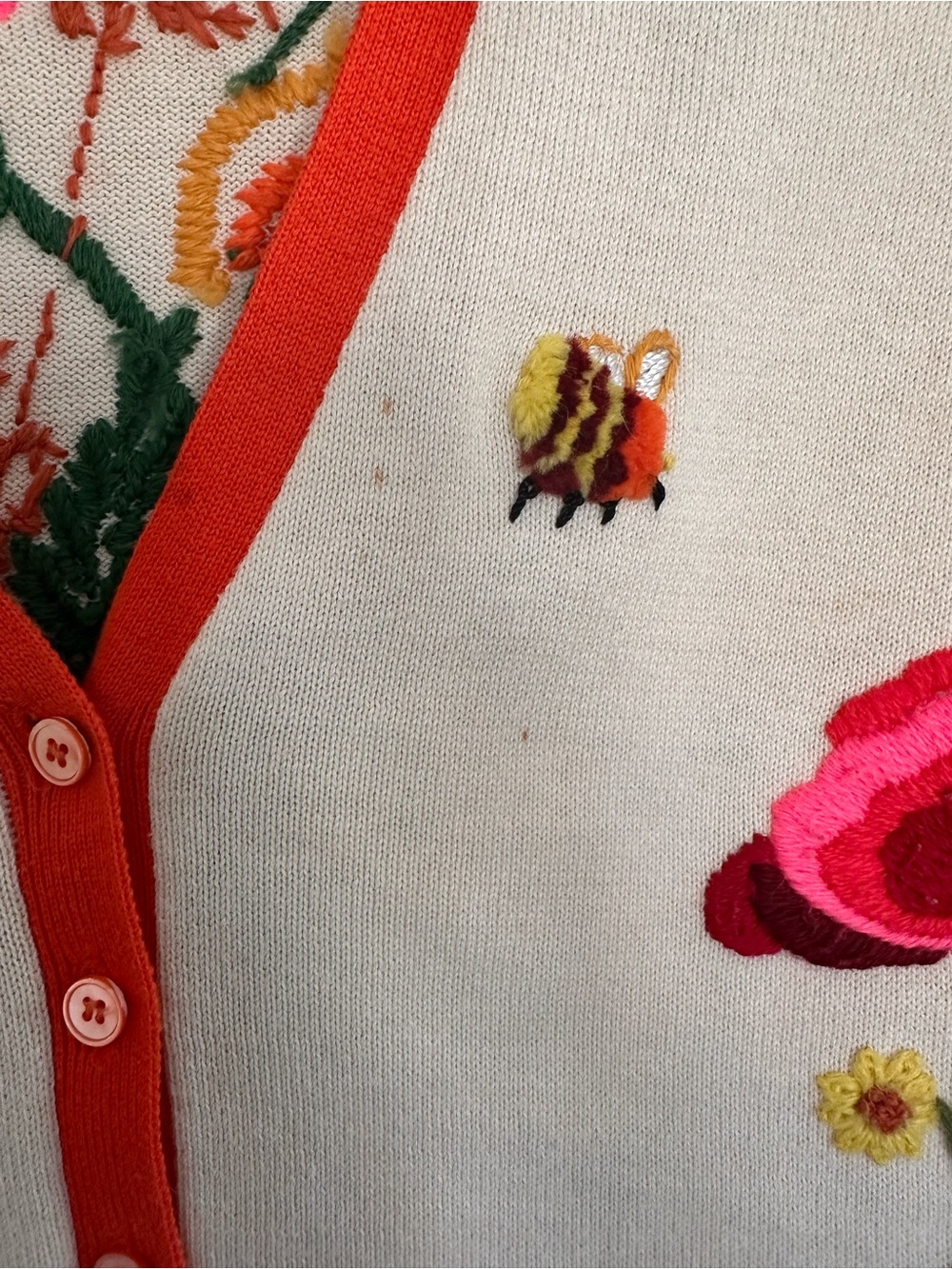 Vintage Lucky Brand Cream V-Neck Cardigan w/ Orange Trim & Floral Embroidery - Picture 3 of 16